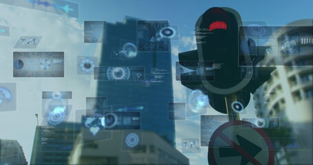 Image of scopes scanning and data processing on screens over traffic lights and cityscape
