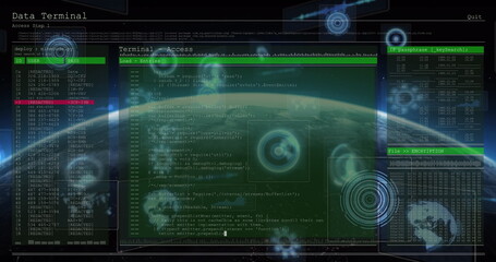 Image of scopes scanning and data processing on screens over globe