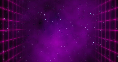 Red squared walls moving over universe background with purple fog in the center 4k - obrazy, fototapety, plakaty