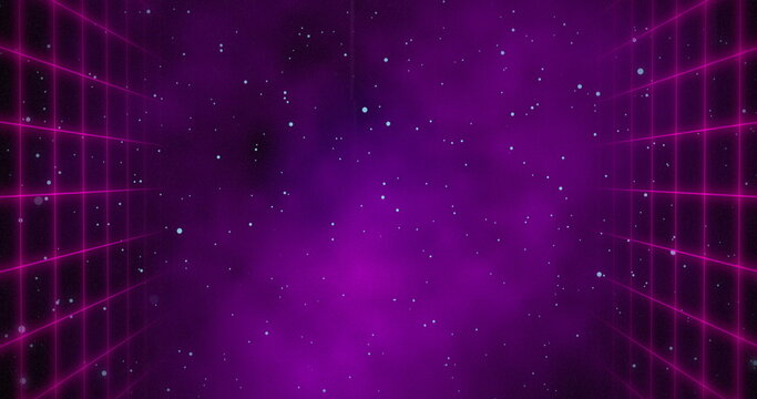 Red Squared Walls Moving Over Universe Background With Purple Fog In The Center 4k