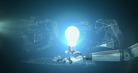 Image of a light bulb in the palm of a robot arm on mathematical formulae background