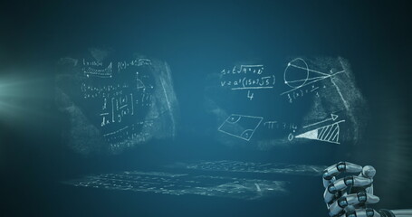 Image of a light bulb in the palm of a robot arm on mathematical formulae background