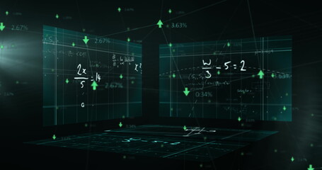 Image of mathematical formulae and green arrows floating over three boards background
