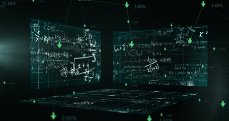 Image of mathematical formulae and green arrows floating over three boards background