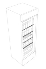 Contour of a shop refrigerator with bottles and cans of drinks from black lines isolated on a white background. Isometric view. Vector illustration