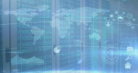 Image of a world map with graphs over an empty server room