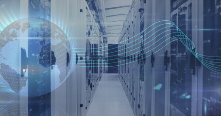 Image of globe spinning with data and information over an empty server room