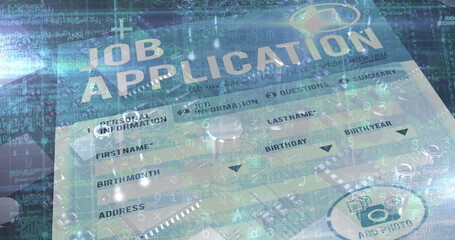 Image of job application form pver a microprocessor with data and information