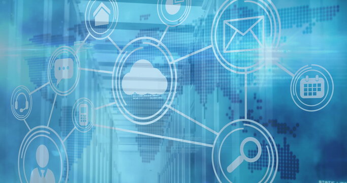 Image of connected multiple technological icons over a pixel world map and server room
