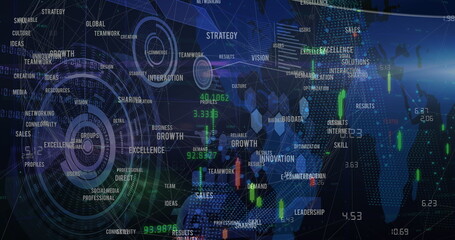 Image of data processing, scopes scanning and business text on blue