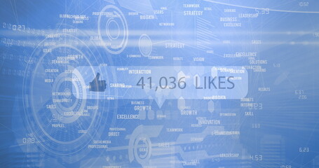 Image of speech bubble with likes and numbers, scopes scanning and business text on blue
