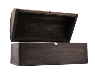 Open old wooden treasure chest isolated on white