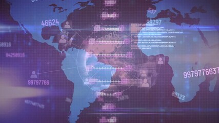 Animation of dna strand rotating over heart rate monitor, globe, graph and data processing - Powered by Adobe