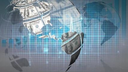Animation of dollar globe rotating over heart rate monitor and data processing, on grey background - Powered by Adobe