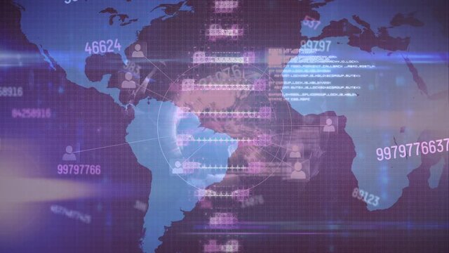 Animation of dna strand rotating over heart rate monitor, globe, graph and data processing - Powered by Adobe
