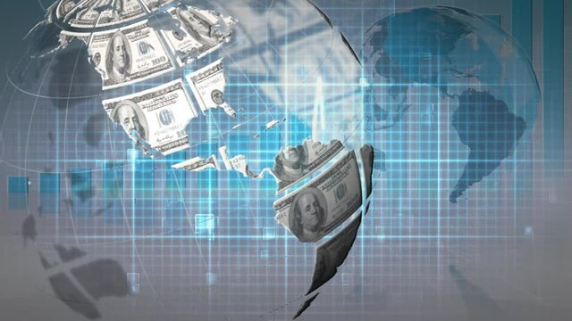 Animation of dollar globe rotating over heart rate monitor and data processing, on grey background - Powered by Adobe