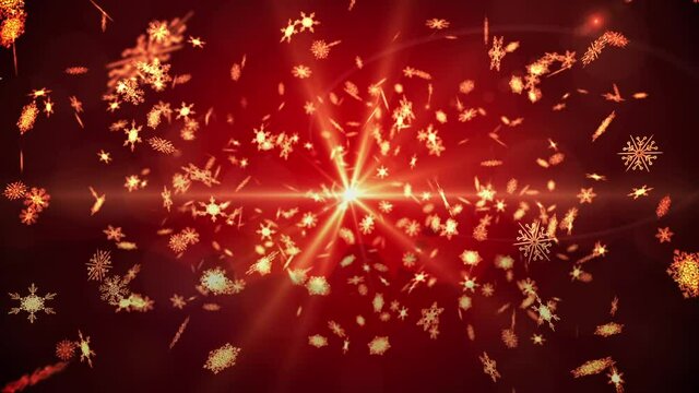 Animation of christmas snow falling over christmas decorations on red background