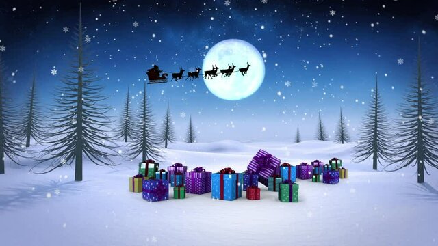 Animation of santa claus in sleigh with reindeer in winter landscape