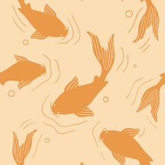 Obraz premium koi pond seamless pattern. Japanese natural and floral motif for fabric, decoration and background design. Modern Japanese art deco style pattern with koi carp fishes. Vector koi fish in the pond.
