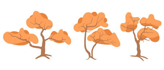 Set of trees with autumn yellow leaves, flat cartoon vector illustration. Templates for rippling orange landscape compositions.