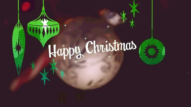 Animation of christmas greetings and baubles over christmas decorations