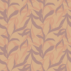 Vector seamless pattern of autumn leaf branches on the beige background. 