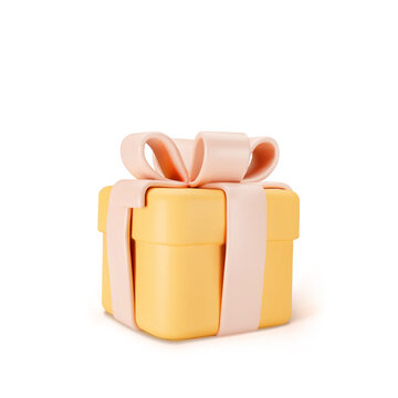 3d orange closed gift box standing on the floor with yellow pastel ribbon bow isolated on a light background. 3d render modern holiday surprise box. Realistic vector icon