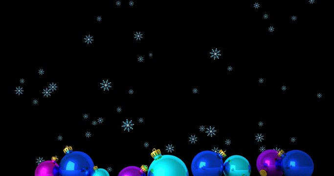 Animation of snowflakes falling over christmas baubles on black background