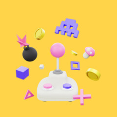 Retro gaming 3D render illustration. 8bit pixel art style arcade game concept poster.