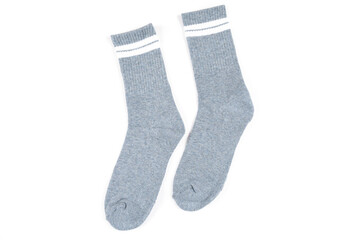 Pair of gray socks isolated on white, top view