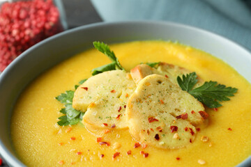 Concept of tasty food with pumpkin soup, close up