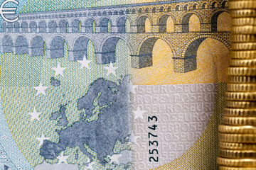 map and bridge on the five euros of the European union