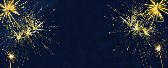 Happy new Year Party, festive background banner panorama long- Golden yellow firework on blue night...