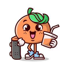 CUTE ORANGE CARTOON MASCOT IS STANDING WITH HIS SKATEBOARD AND HOLDING A CUP ORANGE JUICE.