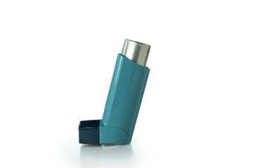 Blue asthma inhaler isolated on white background