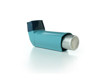 Blue asthma inhaler isolated on white background