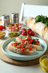 Concept of tasty food with bruschetta snacks