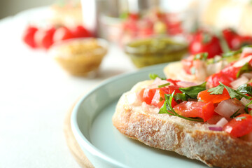 Concept of tasty food with bruschetta snacks