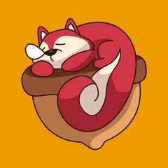 Funny cute squirrel animal character expression with nut. Childish print for t-shirt, apparel, sticker, cards and nursery decoration. Flat Vector Illustration