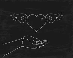 Give Love drawing vectors, hand sharing winged heart background