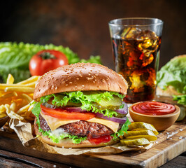 Delicious hamburger with cola and potato fries. Fast food concept. File contains clipping path.