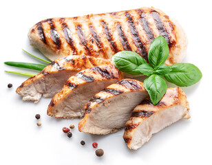 Grilled chicken fillet with herbs isolated on white background.