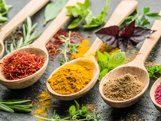 Assortment of colorful spices in the wooden spoons.