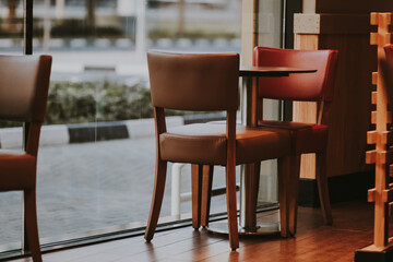 Empty Outdoor Restaurant Café with Street View Table and Chairs for Two People