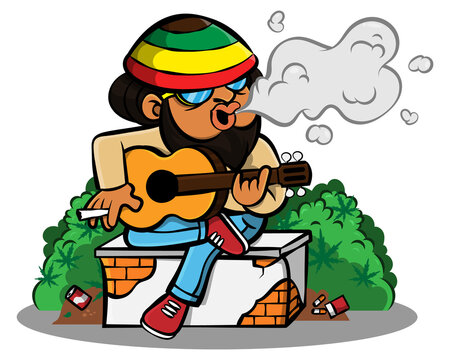 Cartoon illustration of dreadlock man wearing beanie hat with Rastafarian flag colors, sitting and playing guitars on marijuana field while smoking weed, best for packaging of marijuana product