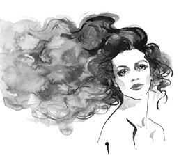 Watercolor fashion portrait. Hand drawn young woman on white background. Painting black and white illustration in modern style.