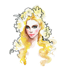 Hand drawn young curly blonde woman with flowers. Watercolor realistic portrait on white background. Painting abstract illustration in fashion style.