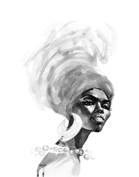 Hand drawn young African woman with turban. Watercolor fashion portrait on white background. Painting realistic black and white illustration.