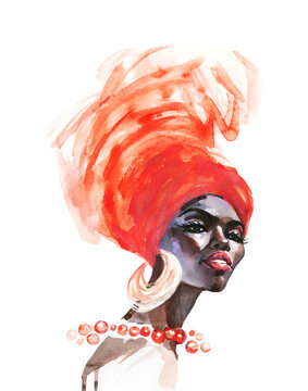 Hand drawn young African woman with turban. Watercolor fashion portrait on white background. Painting ethnic illustration.