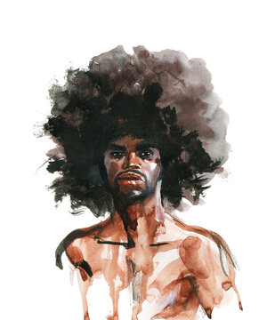 Hand drawn young musculine African man. Watercolor fashion portrait on white background. Painting abstract illustration.